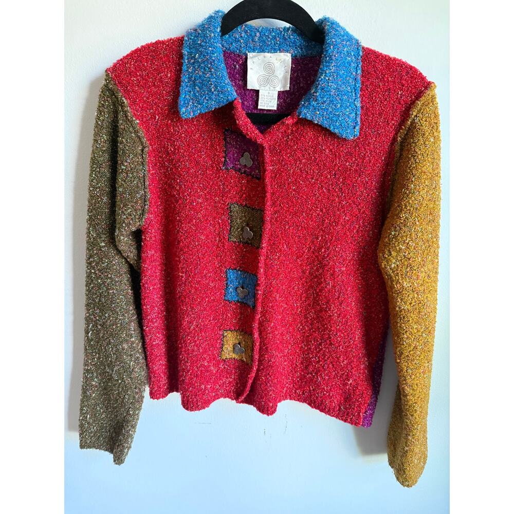 Vintage Spirality Colorblock Bouclé Cardigan Artsy Funky Knit Sweater Small